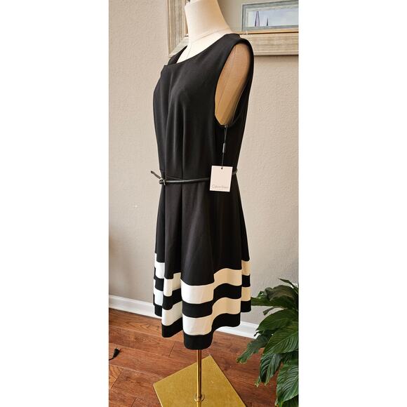 NWT Calvin Klein Belted Color Block Fit & Flare Dress Women Size 14 Black‎ White - Picture 5 of 8